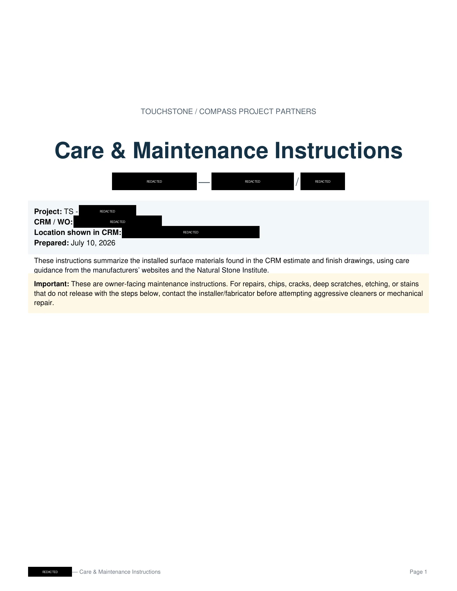 First page of the care and maintenance document with the client, Halifax Law Firm, address and internal identifiers visibly redacted